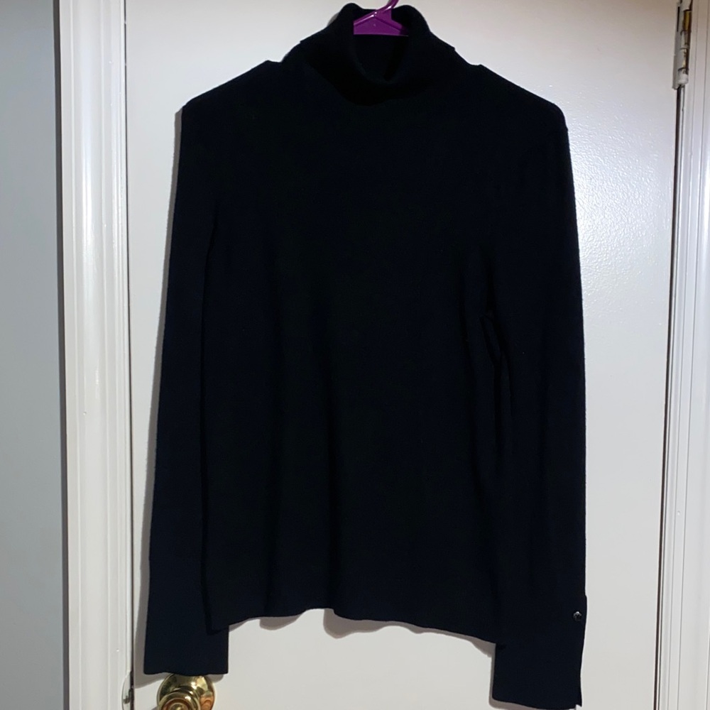 Bogner Black Ribbed Knit Sweater with Slit Buttoned Wrist